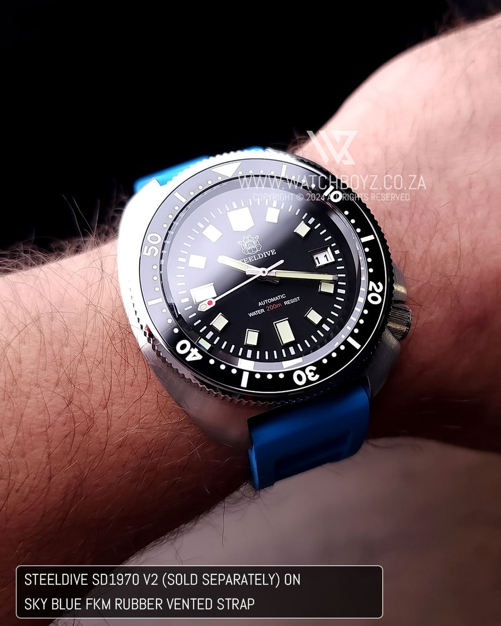 FKM Rubber Vented Watch Strap - (Sky Blue, Steel Hardware)